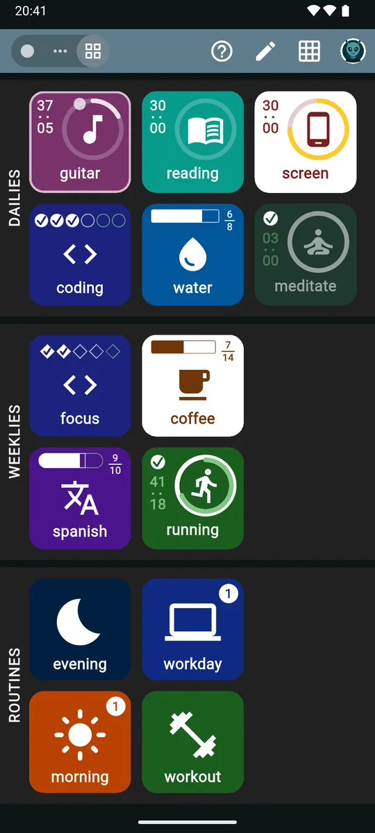 The zoevo main screen: colored tiles in three sections. Dailies show a running guitar stopwatch, reading and screen-time timers, three of six coding sessions, water at 6 of 8 and a completed meditate goal. Weeklies show focus, coffee, spanish and running. Routines show evening, workday, morning and workout.