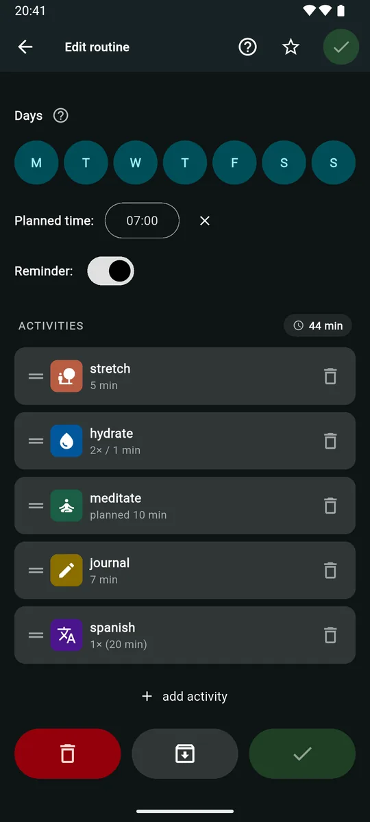 Edit routine for morning: planned every day at 07:00 with the reminder switched on, and five activities: stretch, hydrate, meditate, journal and spanish.