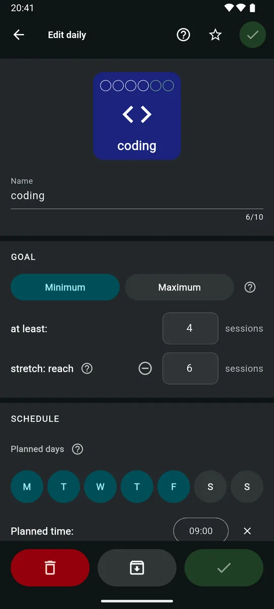 Edit daily screen for coding: Minimum selected, at least 4 sessions, a stretch goal of 6 sessions, planned days and a 09:00 planned time.