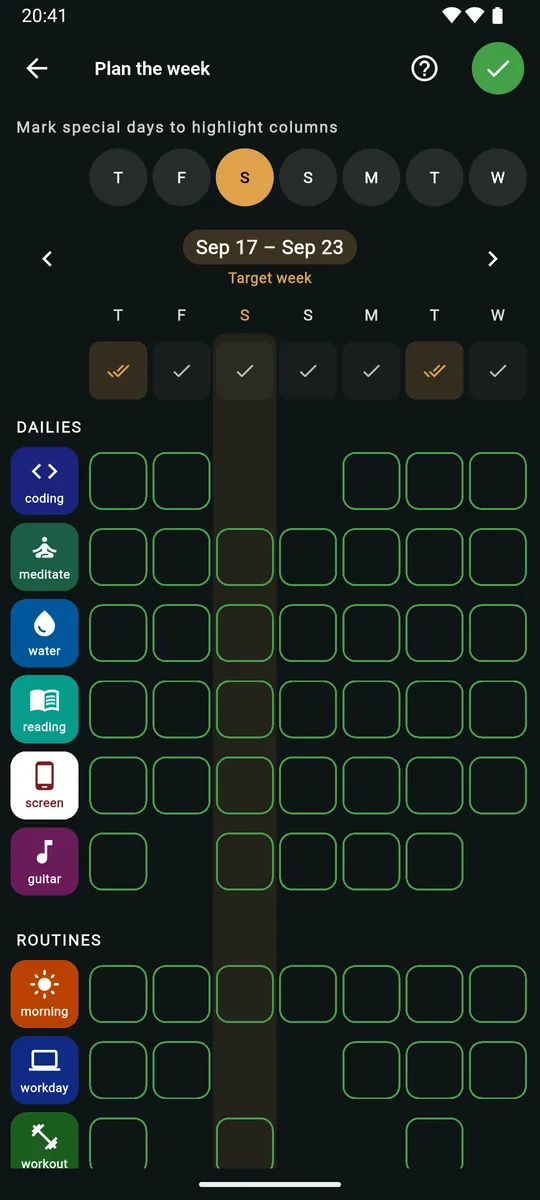 The Plan the week screen: special-day pills along the top with one day highlighted in amber, the target week Sep 17 to Sep 23, and a grid of dailies and routines with a cell for each day.