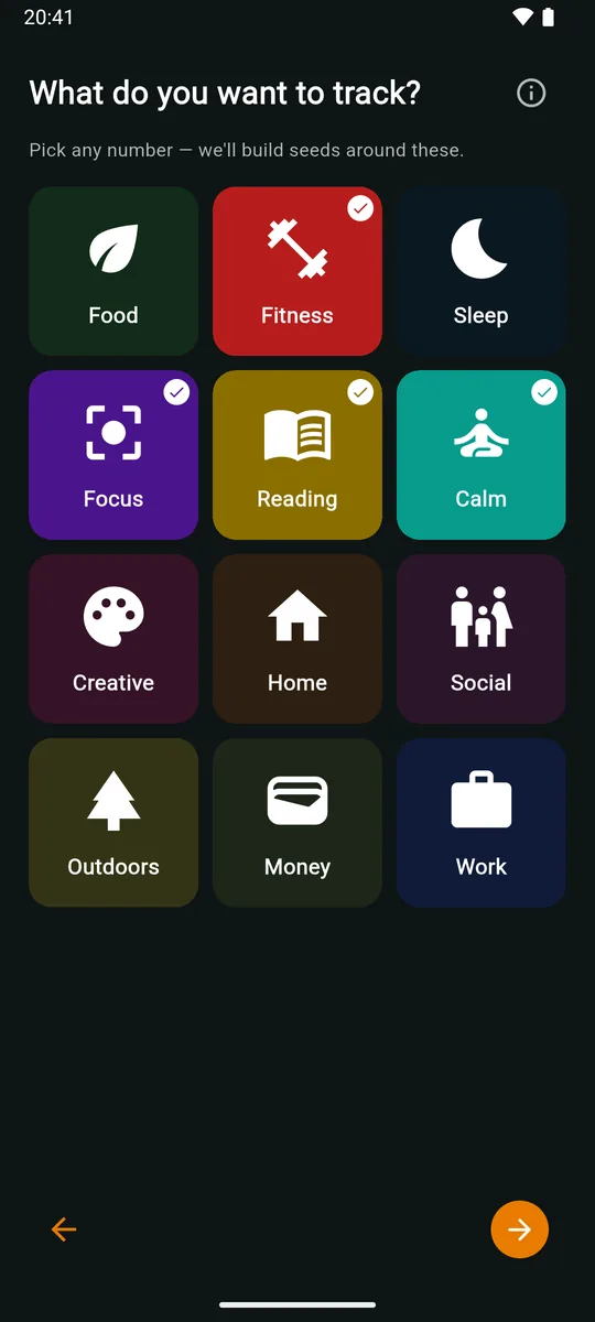 Setup wizard asking What do you want to track?, with twelve interest tiles such as Food, Fitness, Sleep, Focus and Reading, several of them selected.