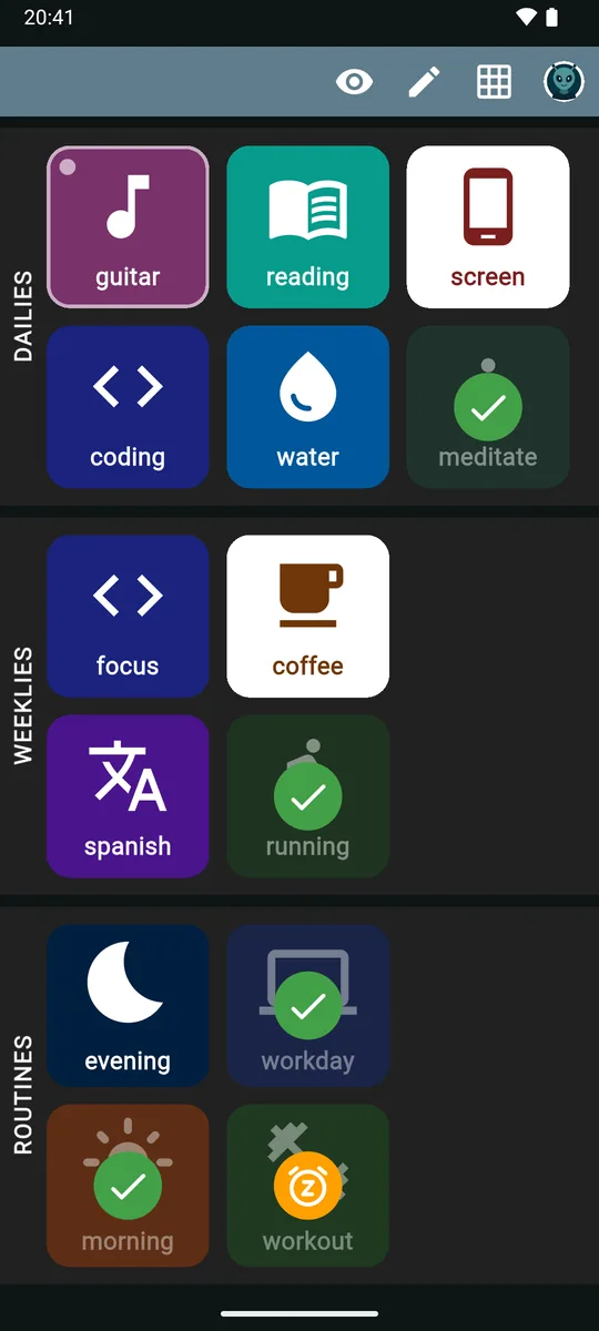 Simple mode with completed items shown: finished goals and routines are dimmed with a green check, and one routine not planned today has an amber snooze badge.