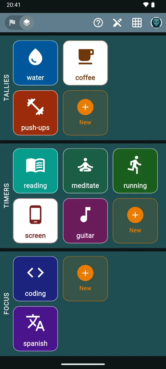 Edit mode with the Sources toggle selected: tallies water, coffee and push-ups; timers reading, meditate, running, screen and guitar; focus sources coding and spanish; each section ends with an orange New tile.