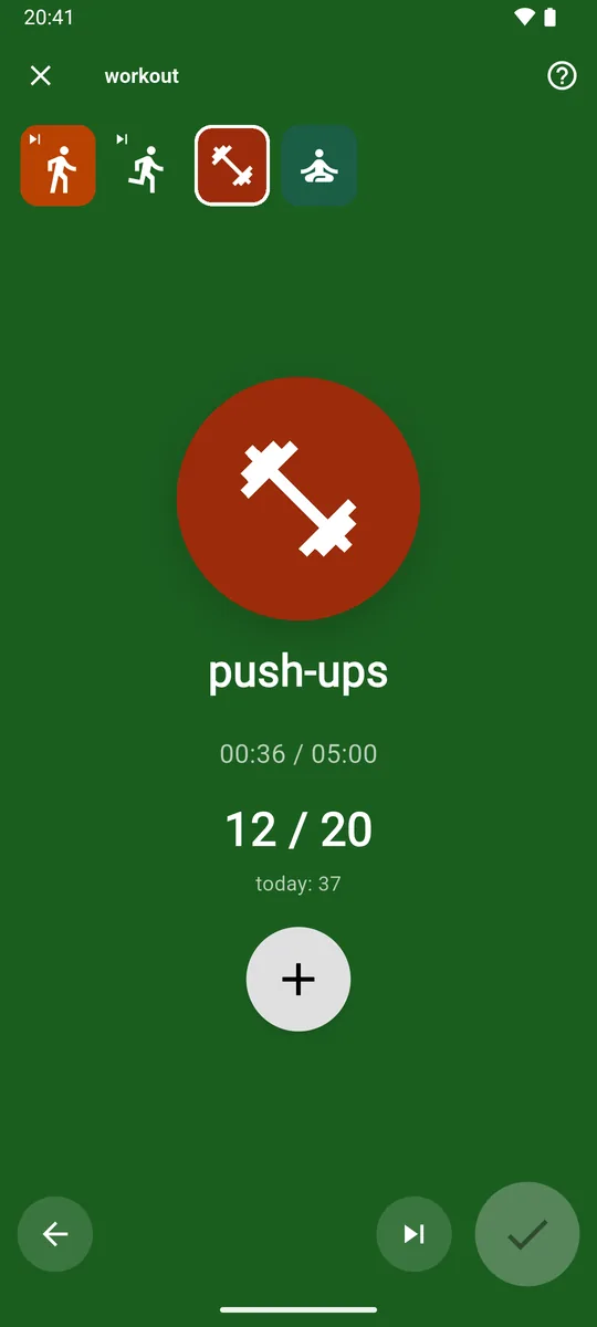 The workout routine on its push-ups step: a strip of four steps at the top, 12 of 20 counted, 00:36 of 05:00 elapsed, and a large plus button.
