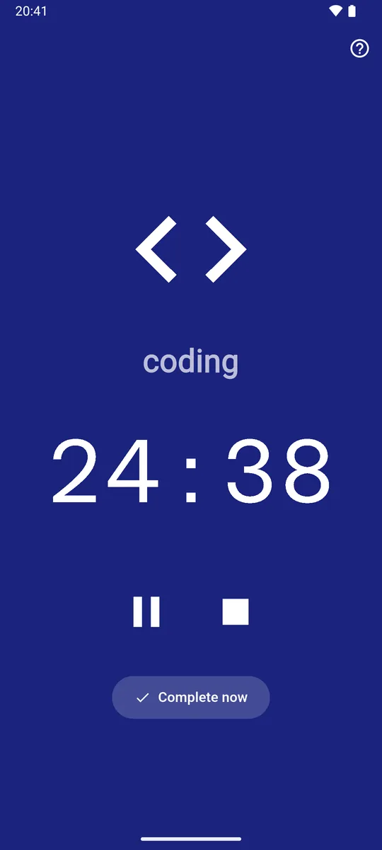 A focus session for coding on a full indigo screen, counting down at 24:38, with pause and stop buttons and a Complete now button.