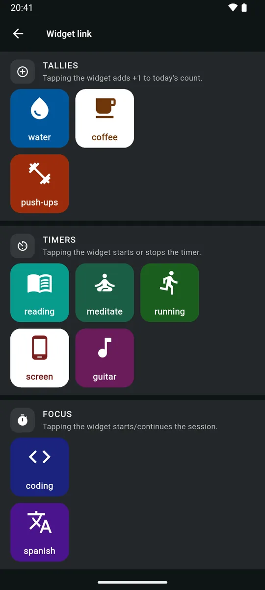Widget link screen: tallies water, coffee and push-ups; timers reading, meditate, running, screen and guitar; focus sources coding and spanish, each section with a note on what a tap does.