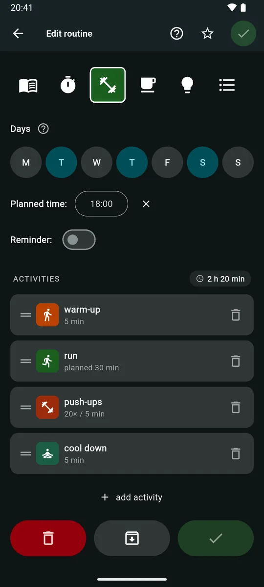 Edit routine for workout: Tuesday, Thursday and Saturday at 18:00, and four activities: warm-up, run, push-ups and cool down, each with a drag handle and a bin.