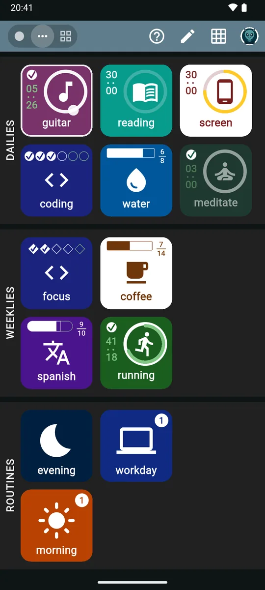 Main screen with the Show today's planned filter: all dailies including the finished meditate goal, and the evening, workday and morning routines.