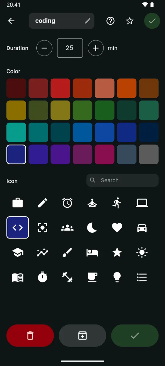 Source editor for the coding focus source: duration 25 minutes, a grid of 28 colors, an icon grid with search, a star in the top bar, and red delete, grey archive and green save buttons along the bottom.