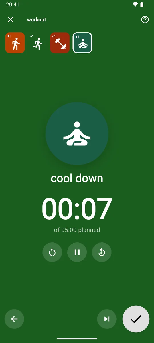 The workout routine on its cool down step, a Simple timed block at 00:07 of 05:00 planned, with restart, pause and back-30-seconds buttons; the step strip shows warm-up skipped and run and push-ups done.