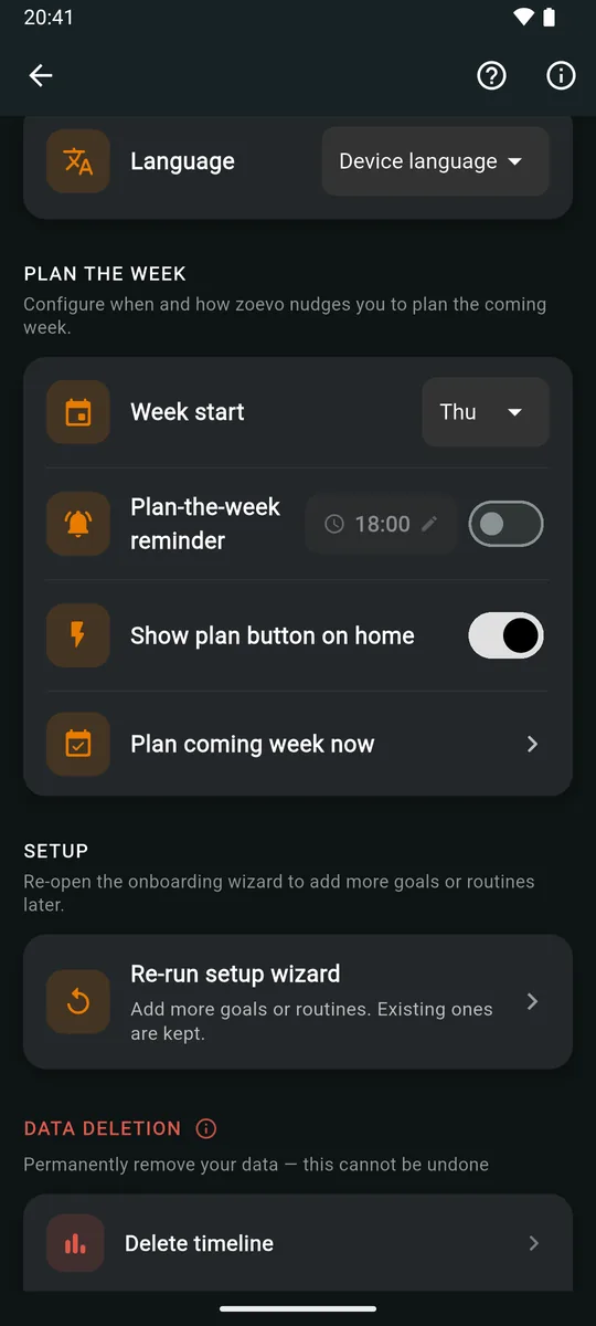 Account screen, Plan the week section: Week start Thu, Plan-the-week reminder at 18:00 switched off, Show plan button on home switched on, Plan coming week now; then Setup with Re-run setup wizard, and the start of Data deletion.