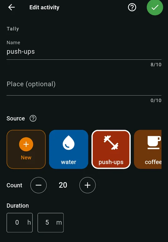Edit activity for a Tally step called push-ups: the push-ups source selected, count 20 and a duration of 5 minutes.