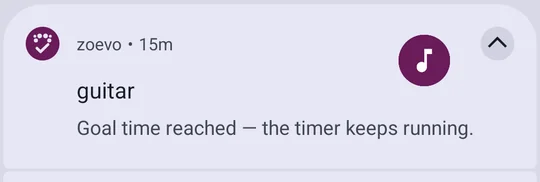 zoevo notification for guitar: Goal time reached — the timer keeps running.