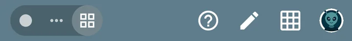 The blue-grey top bar of the main screen: a three-part filter toggle on the left, then help, pencil, grid and account buttons on the right.