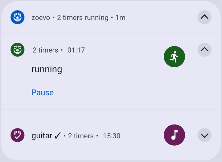 Android notification from zoevo: 2 timers running. The running stopwatch shows 01:17 with a Pause button; below it, guitar with a check mark at 15:30.